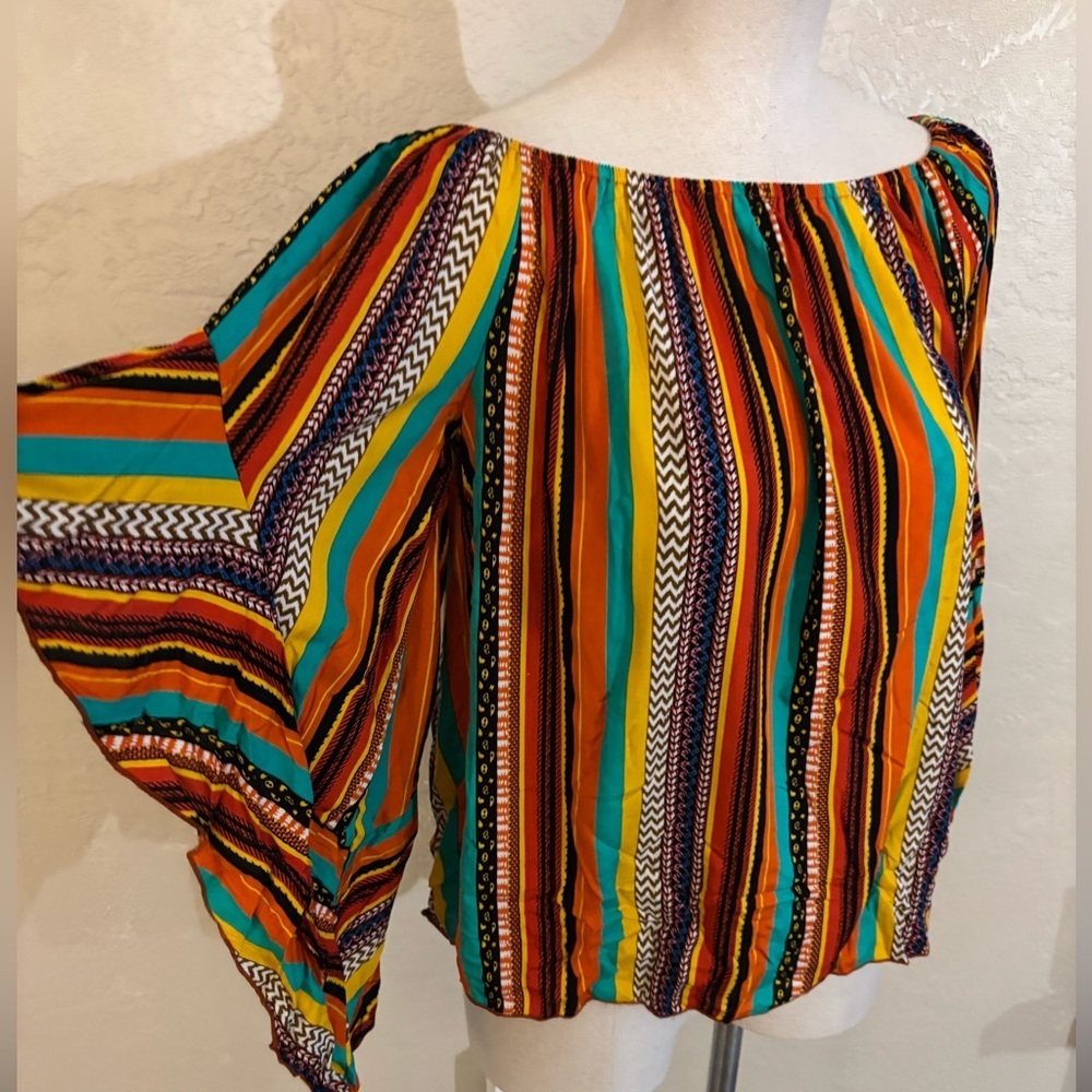 Verdusa Boho Off-Shoulder Striped Women’s Top - Multicolor Sz M - Picture 2 of 7